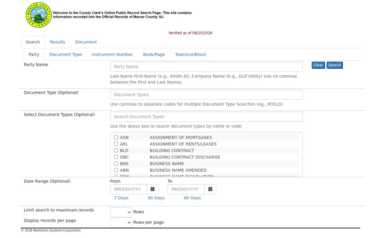 Mercer residents directory deed records search fields